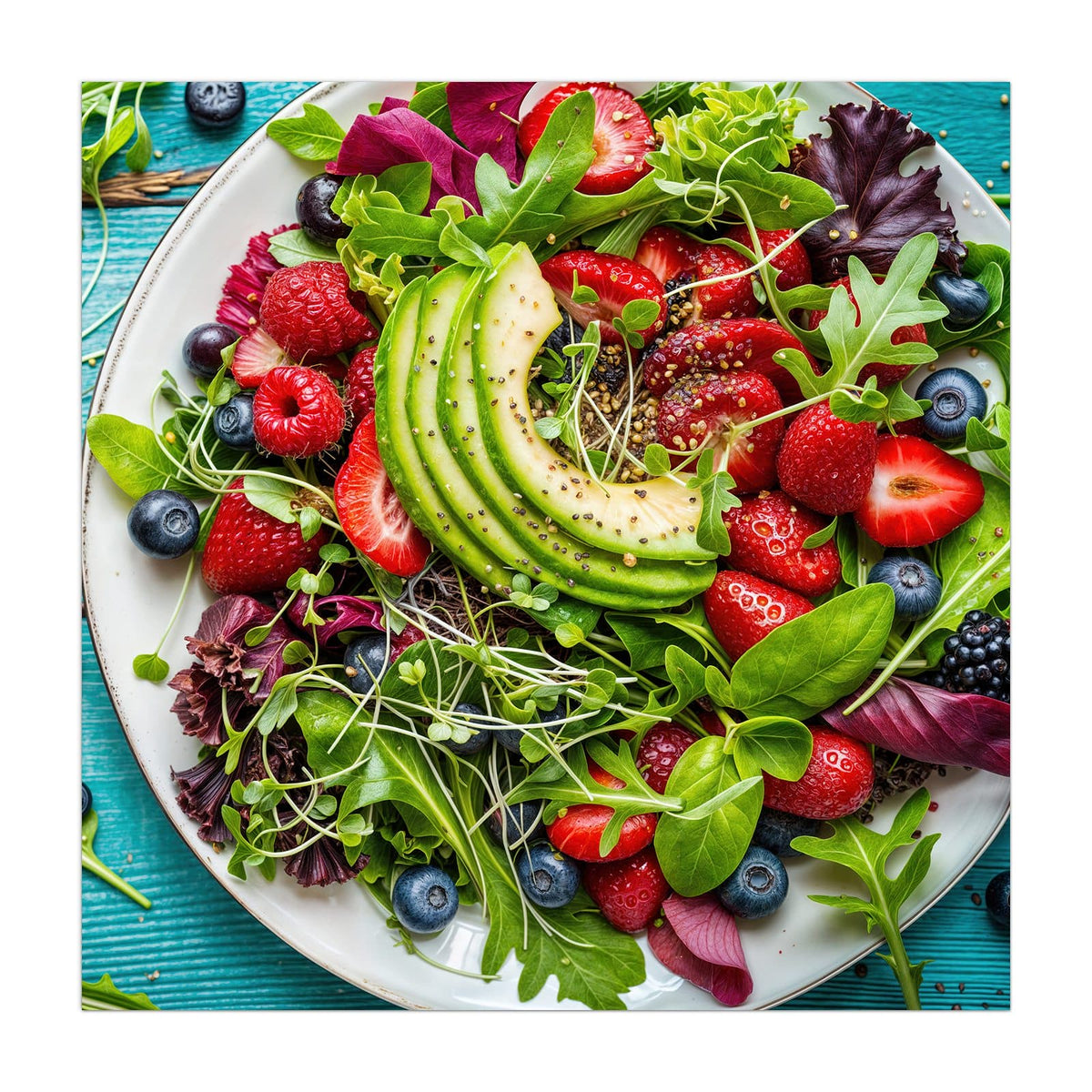 Küchenrückwand aus Glas Salat mit Beeren im quadratischen Format, Motiv bildfüllend von vorn