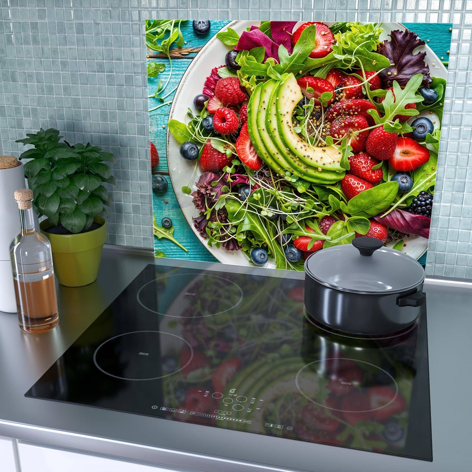 1-teilige Herdabdeckplatte für Ceranfeld mit Gesunder Salat Bowl-Motiv als Spritzschutz