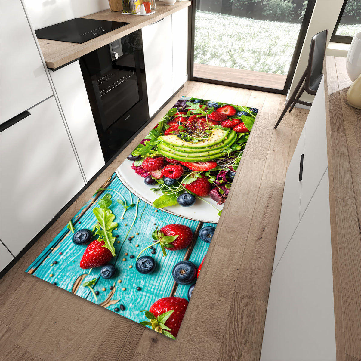 Langlebiger Küchenläufer mit Motiv Salat von Gesunder in moderner Küche