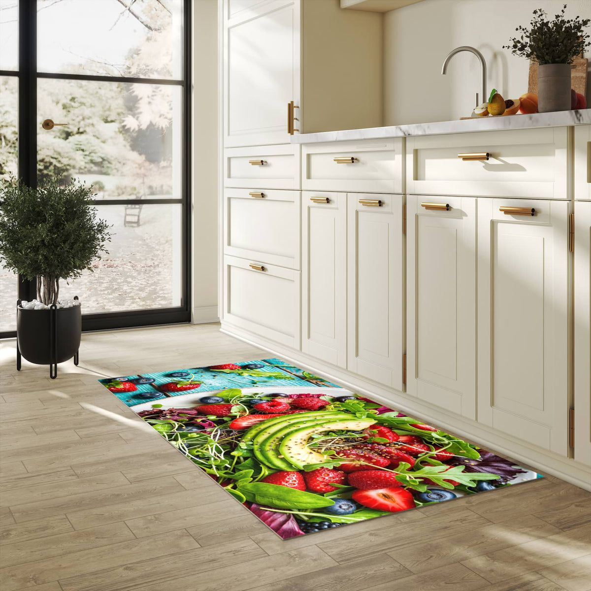 Komfortabler Teppich fürs Esszimmer mit Motiv Salat von Gesunder in heller Küche, waschbar