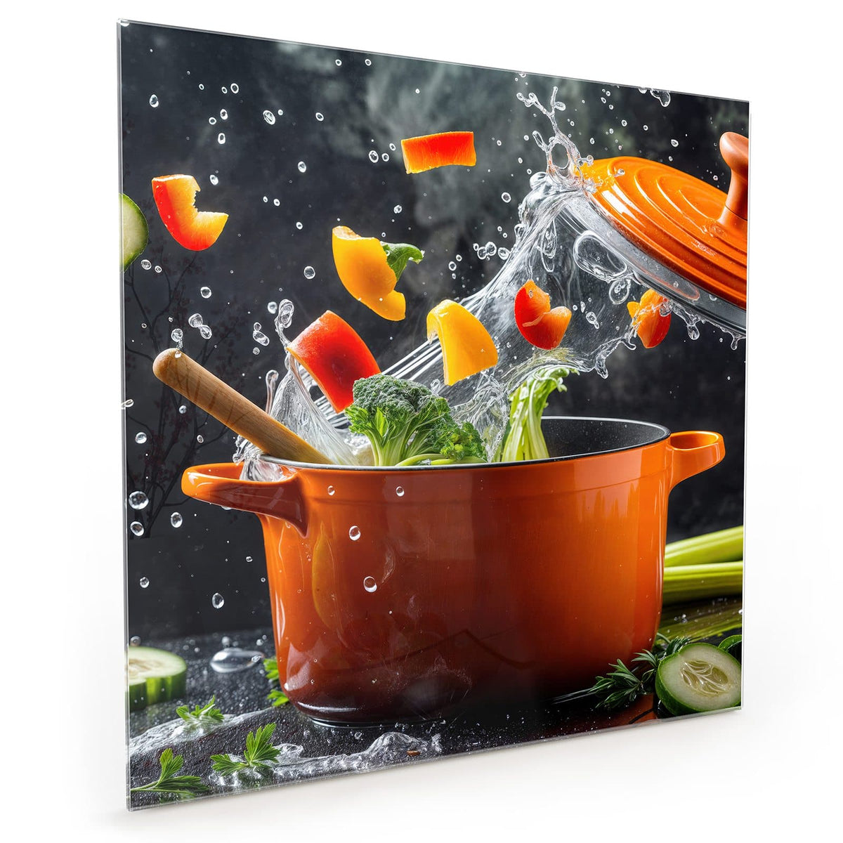 Küchenrückwand aus Glas im quadratischen Format mit Motiv Oranger Topf mit Gemüse: Oranger Emailletopf, aus dem Paprikastücke, Brokkoli und Wasser hochspritzen #grösse_40 x 40 cm #grösse_50 x 50 cm #grösse_60 x 60 cm