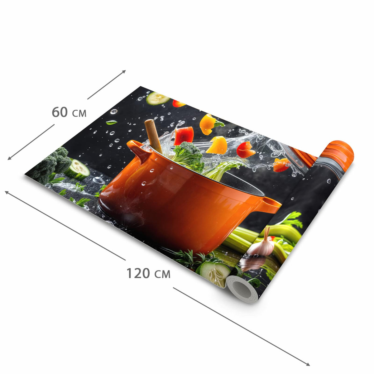 Feuchtigkeitsresistenter Küchenteppich mit Motiv Kochtopf mit Gemüse in der Grösse 60x90 cm