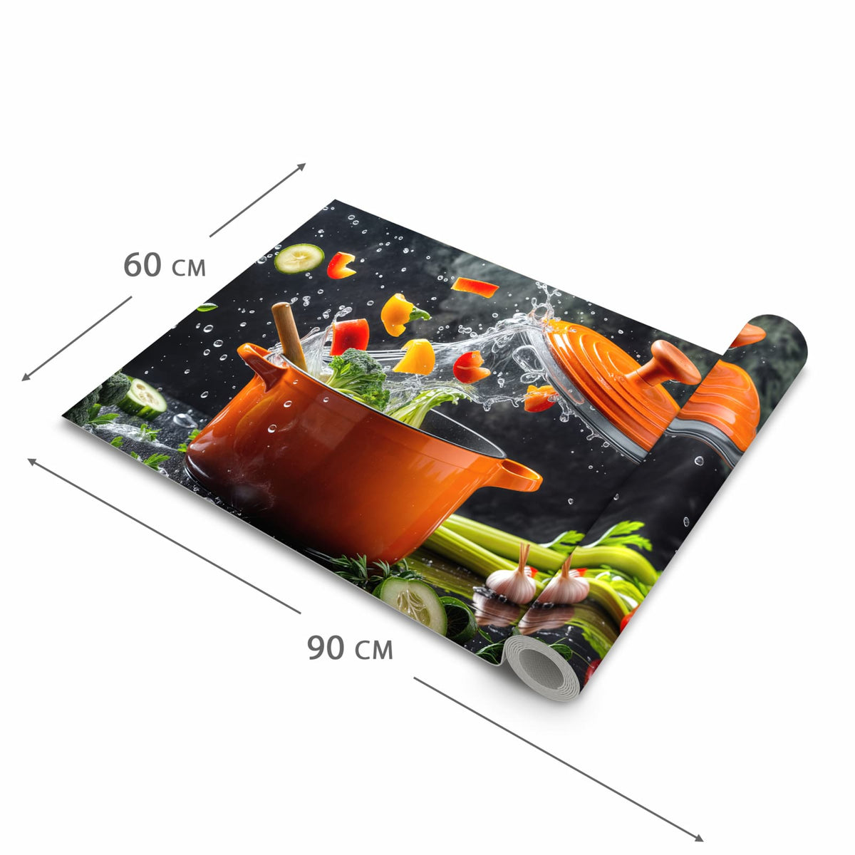 Küchenteppich mit Motiv Kochtopf mit Gemüse in der Grösse 60x90 cm für sichere Aufbewahrung