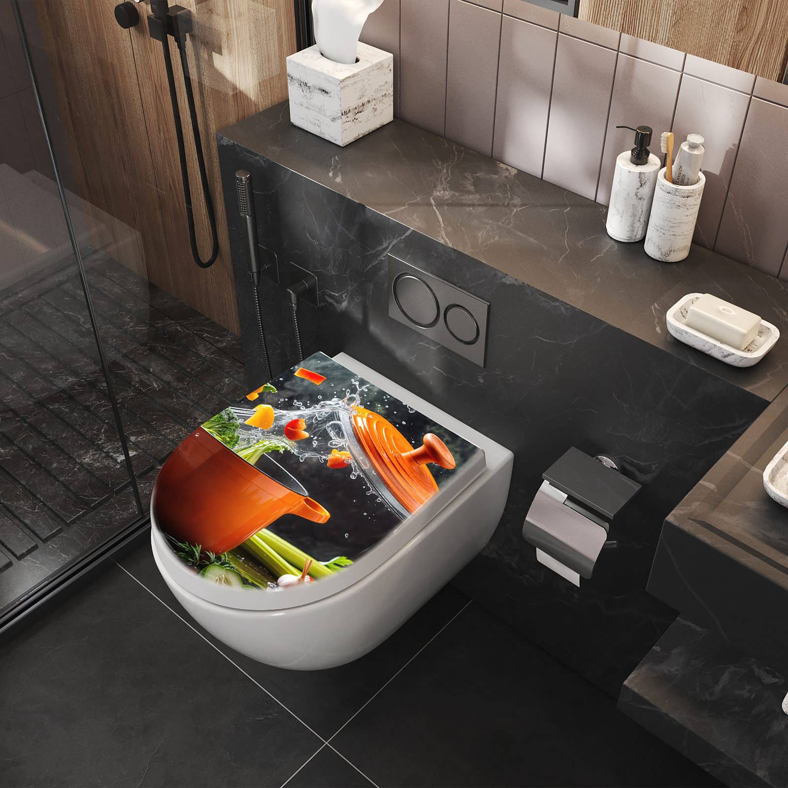 WC-Sitz mit Absenkautomatik Kochtopf mit Gemüse