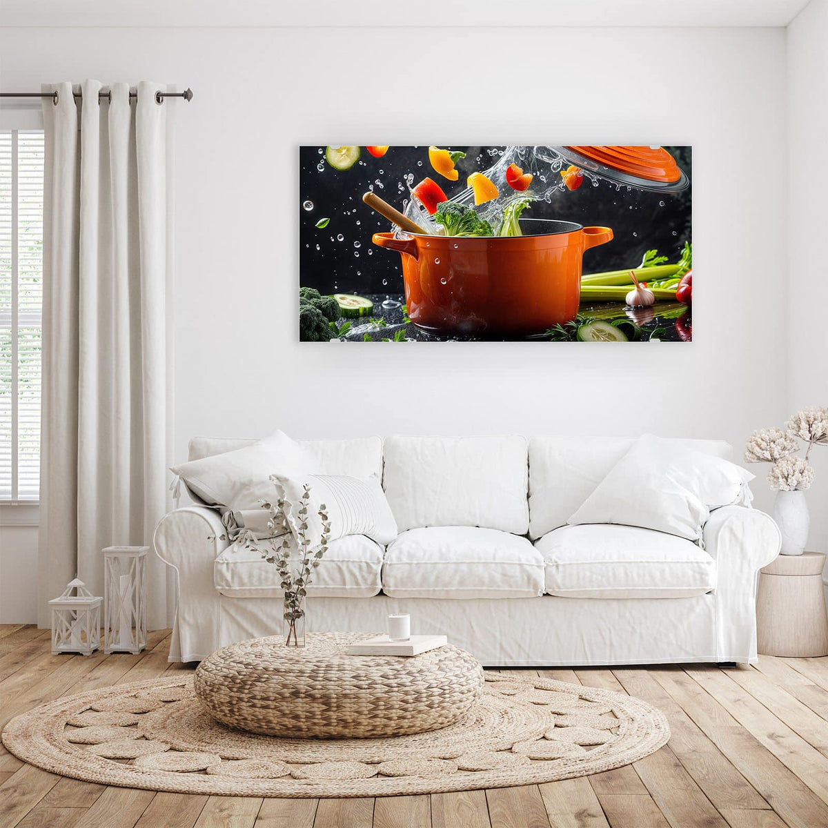 Wandbild - Oranger Topf mit Gemüse - Querformat – Oranger Topf mit spritzendem Gemüse