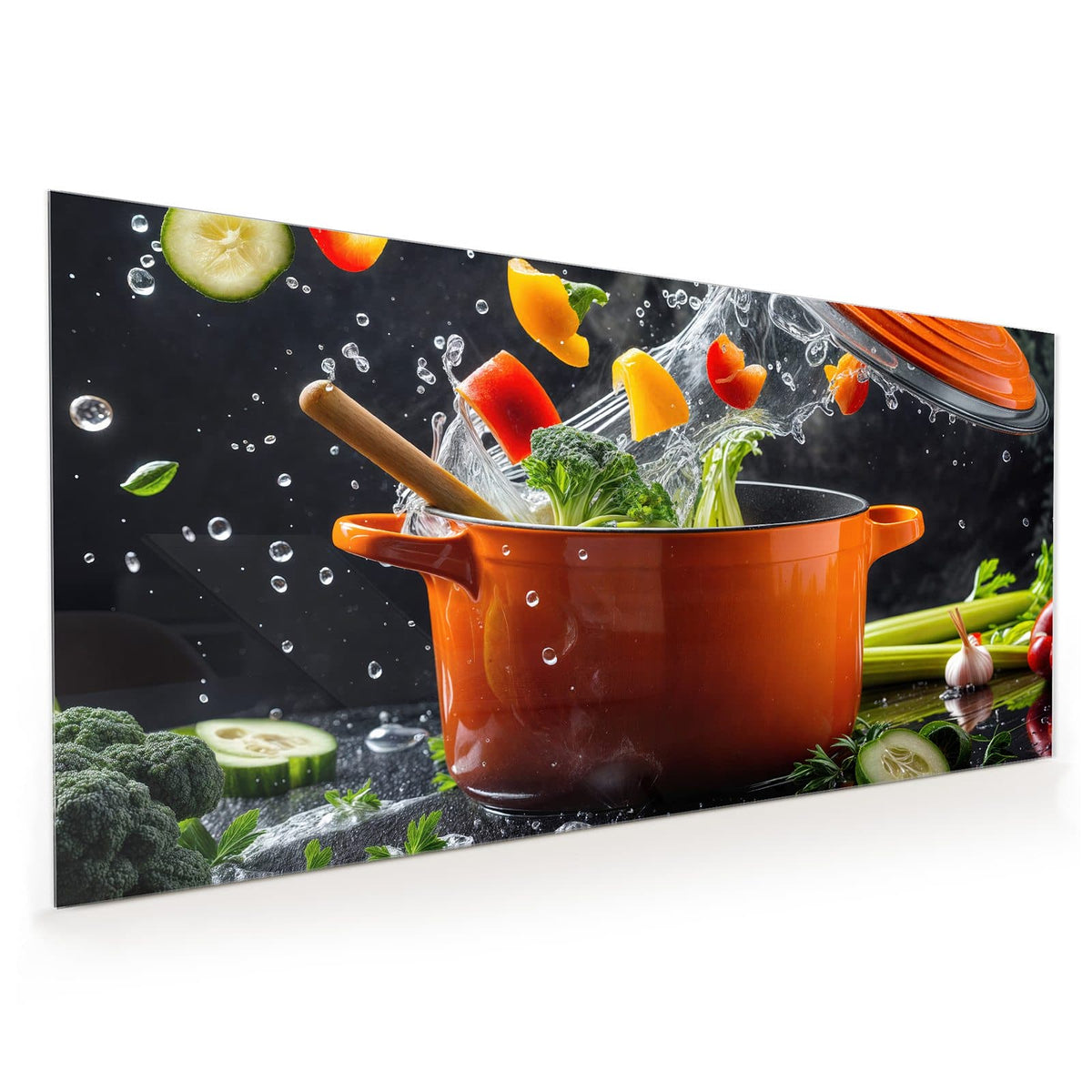 Küchenrückwand aus Glas im Hochformat mit Motiv Oranger Topf mit Gemüse: Oranger Emailletopf, aus dem Paprikastücke, Brokkoli und Wasser hochspritzen