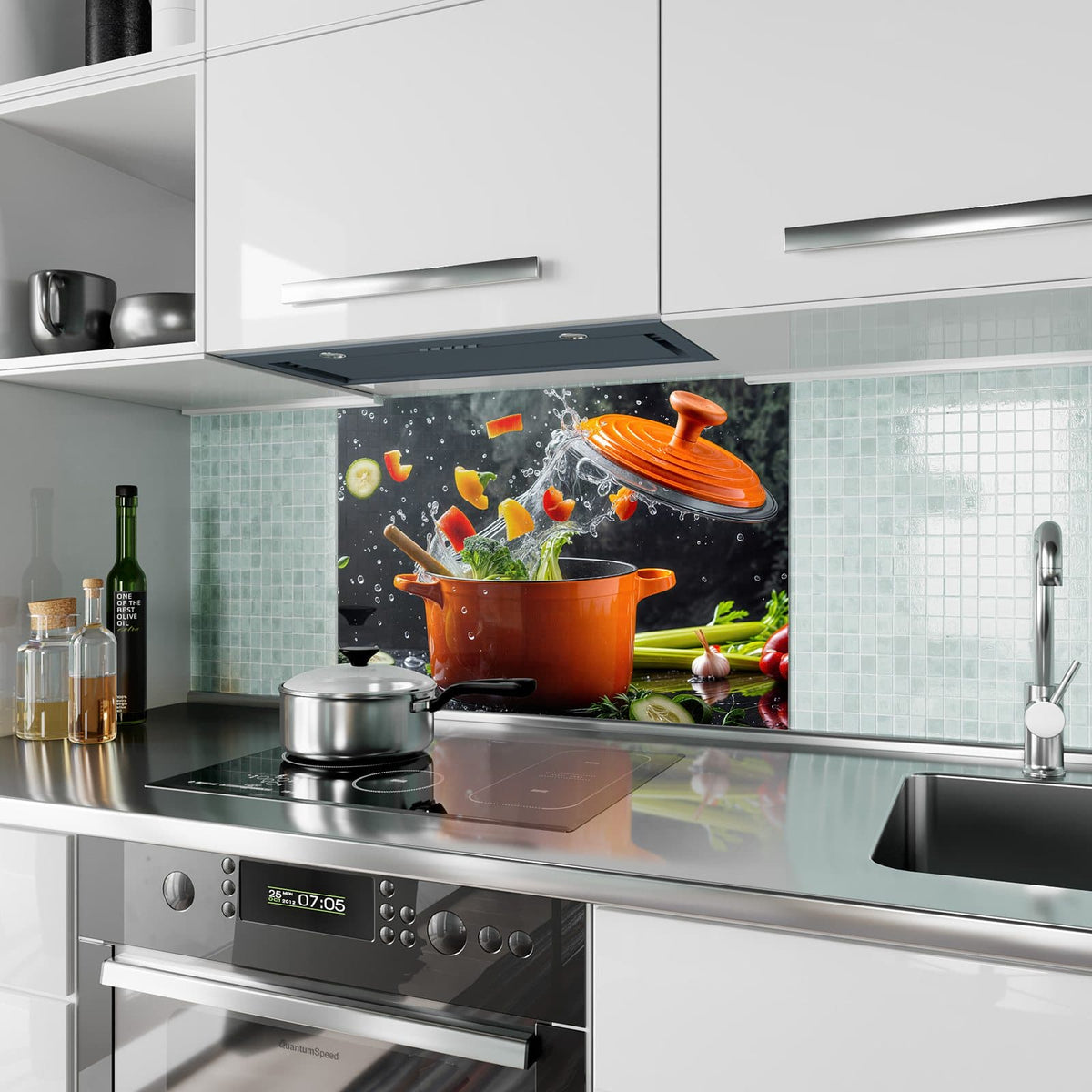 Küchenrückwand aus Glas Oranger Topf mit Gemüse im Hochformat als Spritzschutz hinter dem Kochfeld, über dem Fliesenspiegel montiert