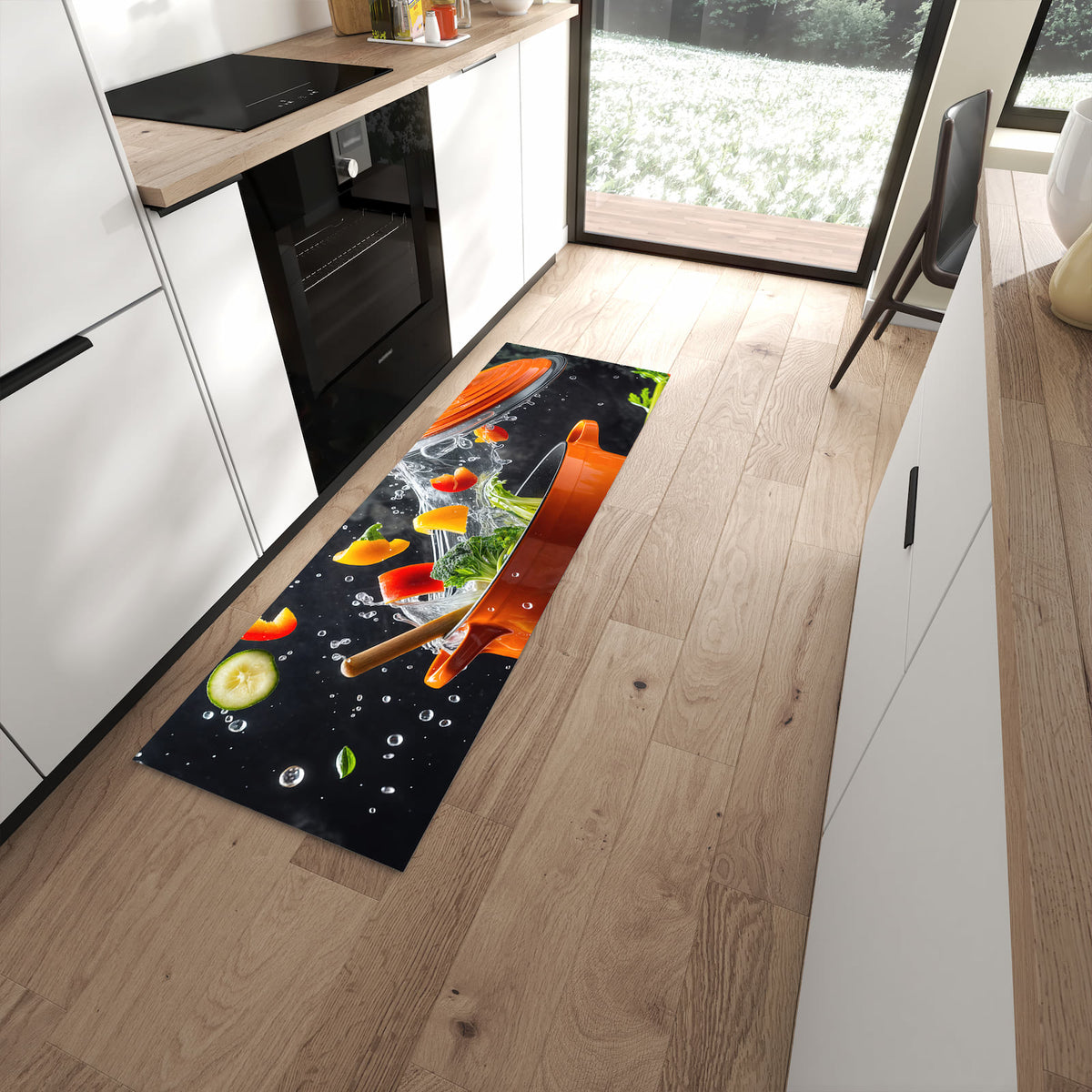 Bodenschonender Küchenläufer mit Motiv Kochtopf mit Gemüse in moderner Küche