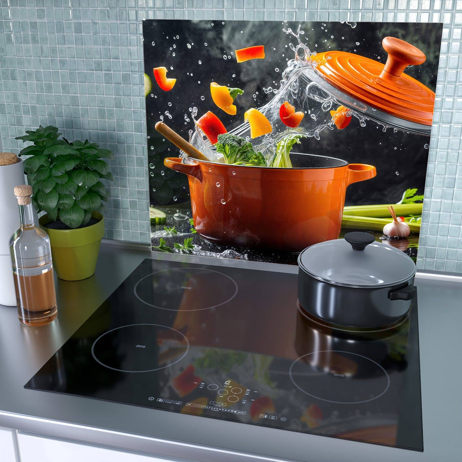 1-teilige Herdabdeckplatten für Ceranfeld mit Kochtopf mit Gemüse-Motiv als Spritzschutz