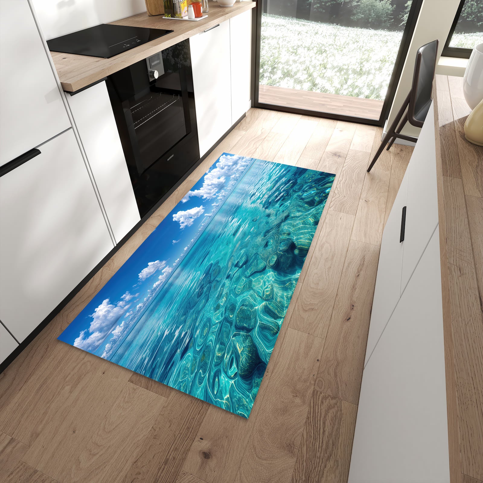 Rutschfester großer Küchenteppich mit Motiv Meereshorizont in moderner Küche