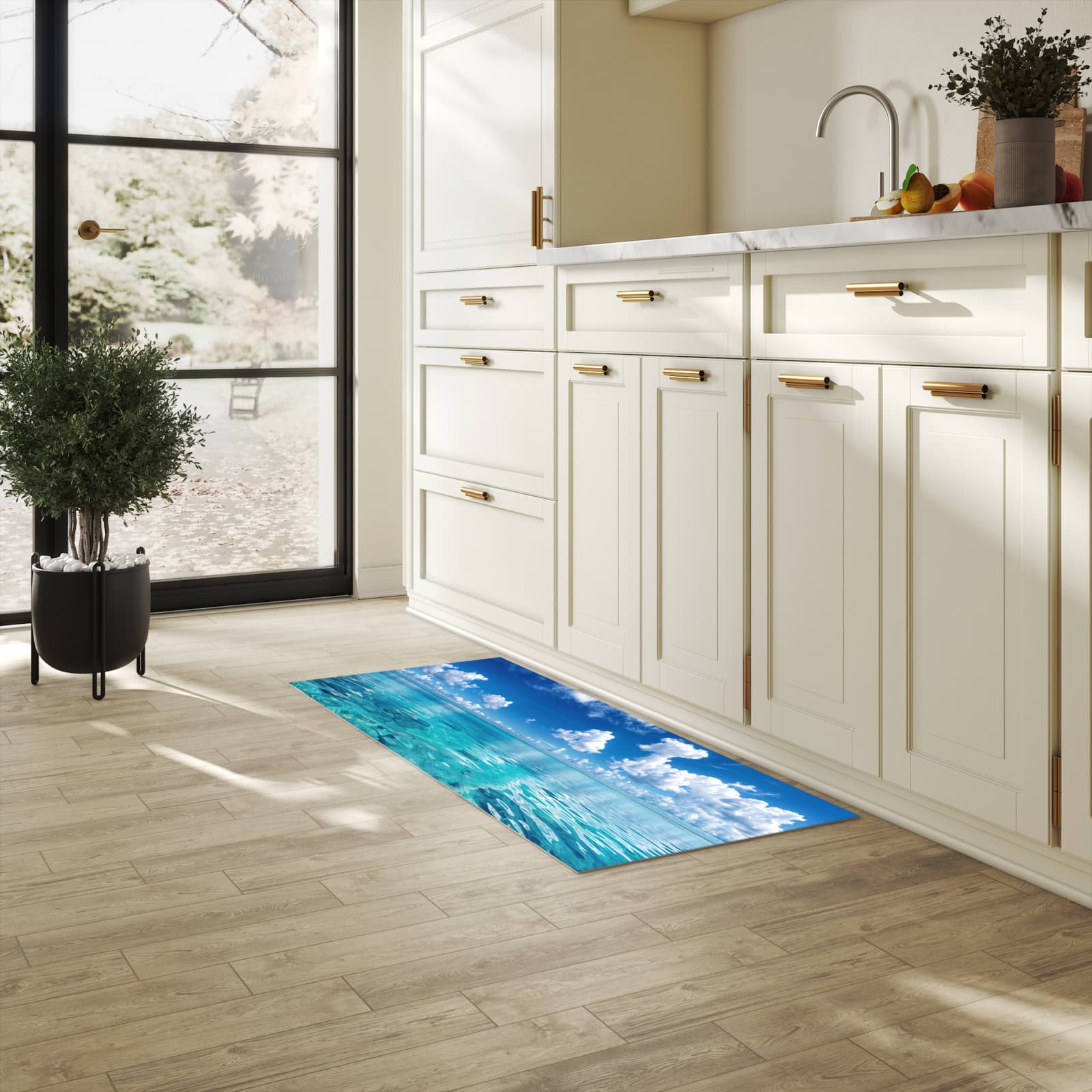 Rutschfester Küchenläufer mit Motiv Meereshorizont für Trittkomfort in heller Küche