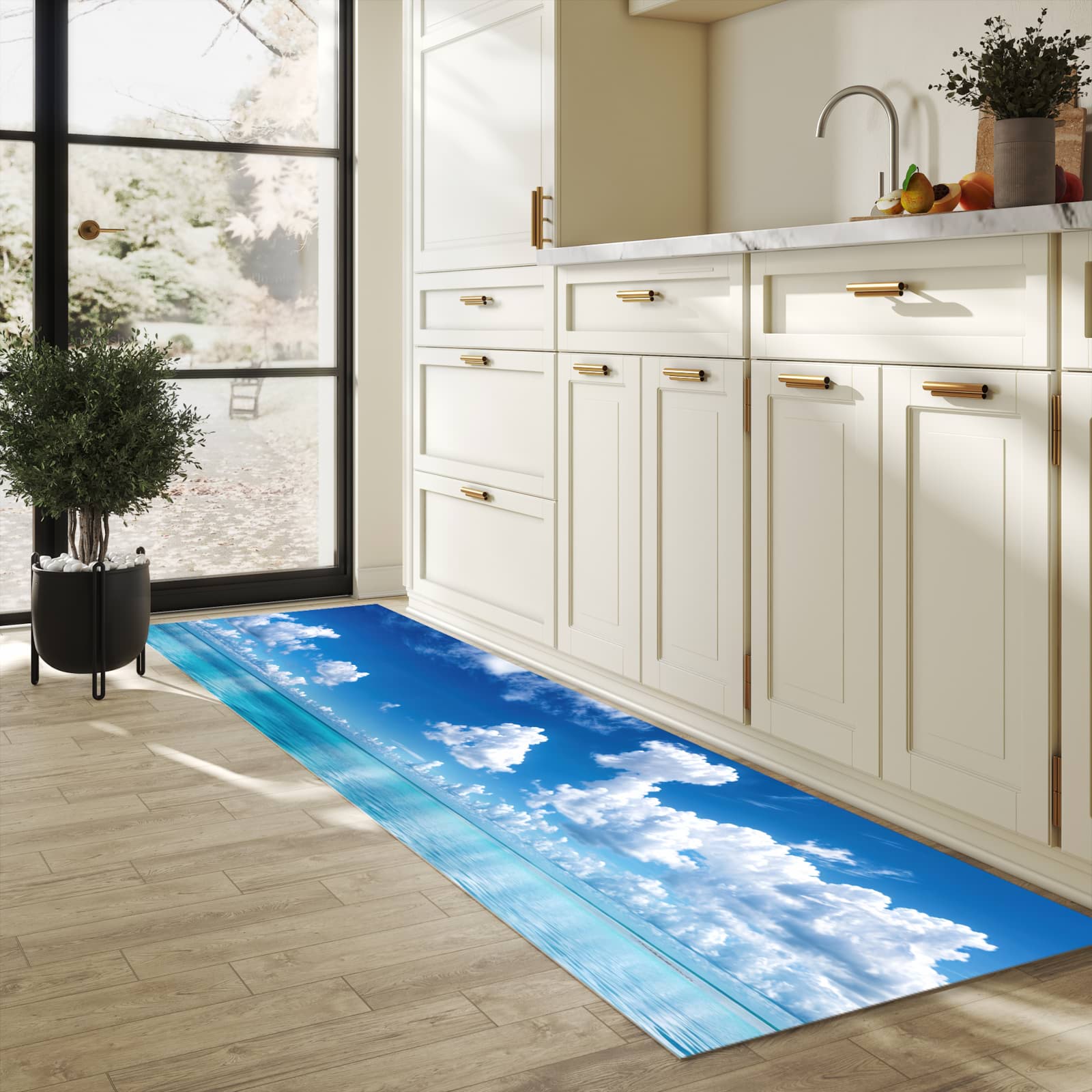 Rutschhemmender Küchenläufer mit Motiv Meereshorizont in heller Küche