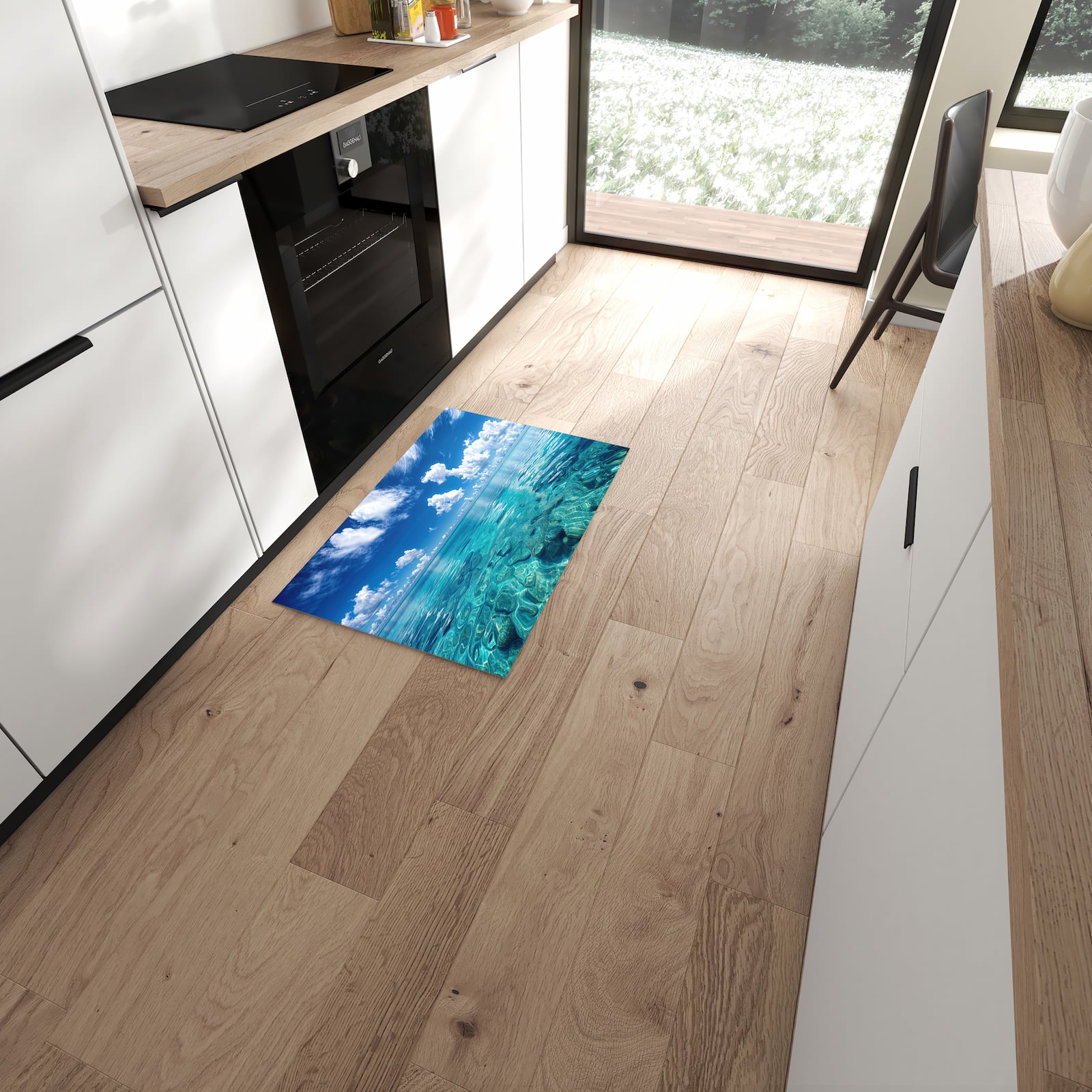Komfortabler Küchenteppich mit Motiv Meereshorizont in moderner Küche