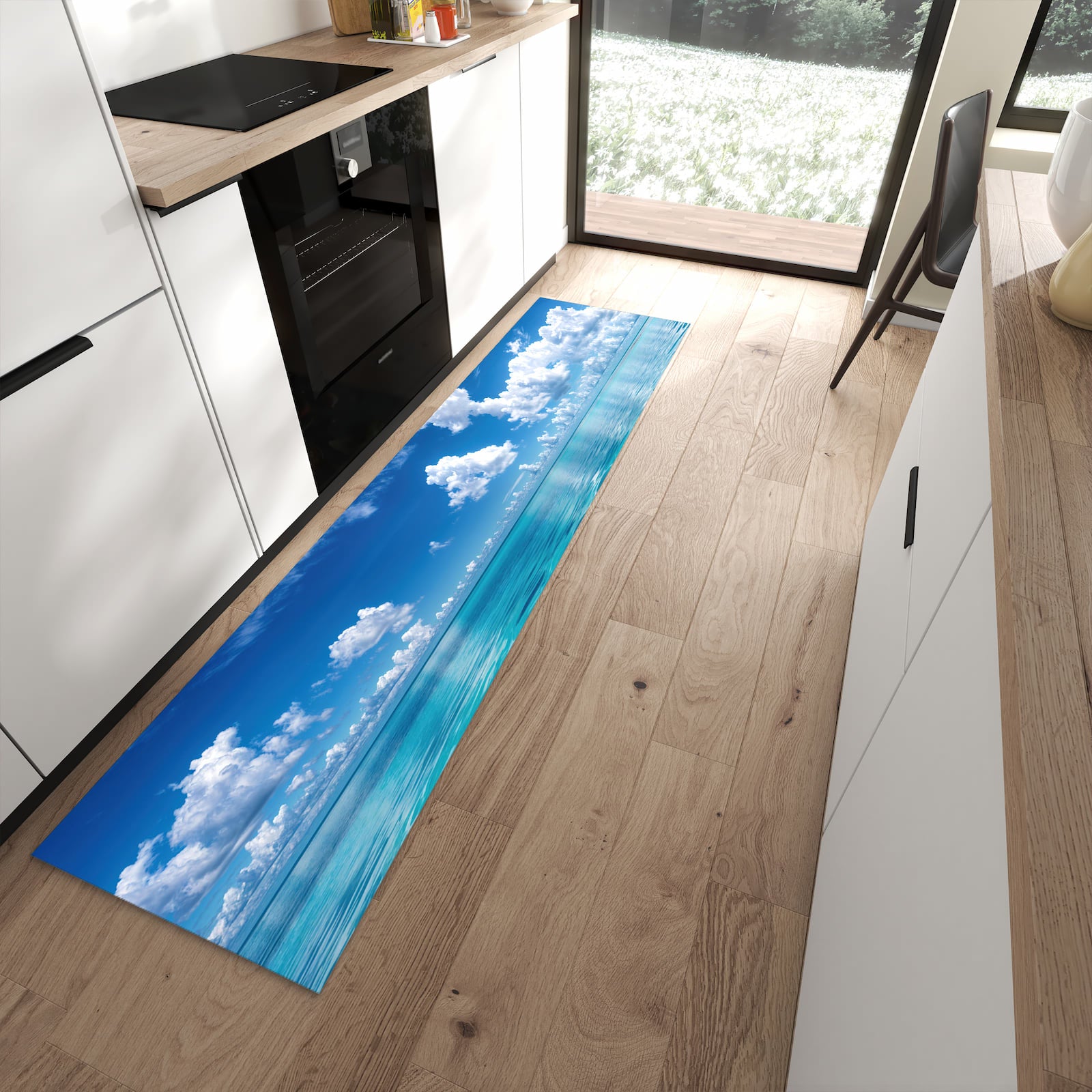 Flacher Küchenläufer mit Motiv Meereshorizont in moderner Küche