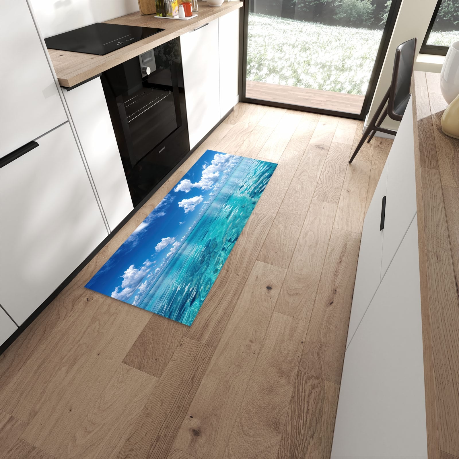 Geruchsneutraler Teppich in Küche mit Motiv Meereshorizont in moderner Küche #grösse_60 x 150 cm