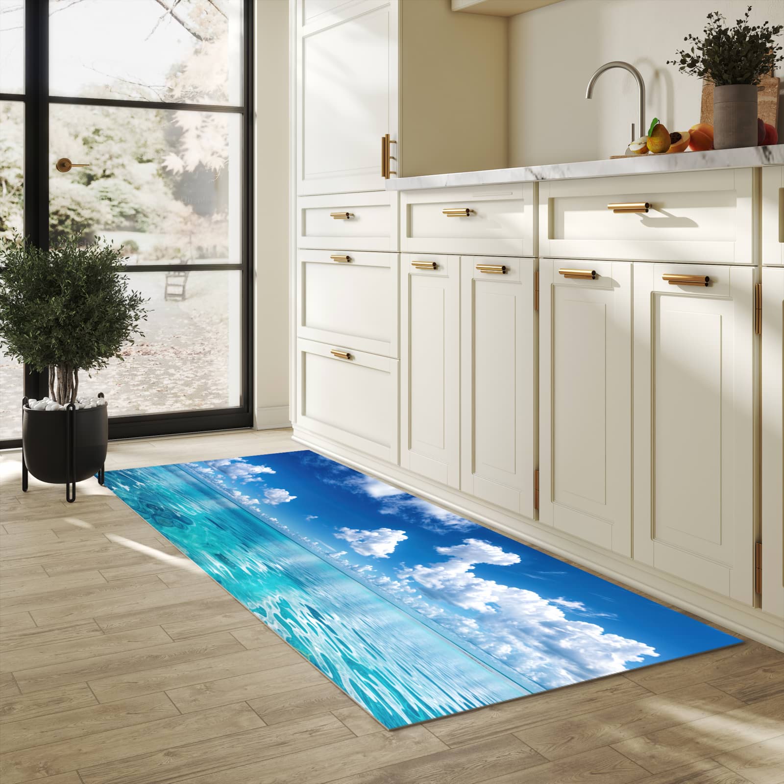 Komfortabler Küchenläufer mit Motiv Meereshorizont in heller Küche