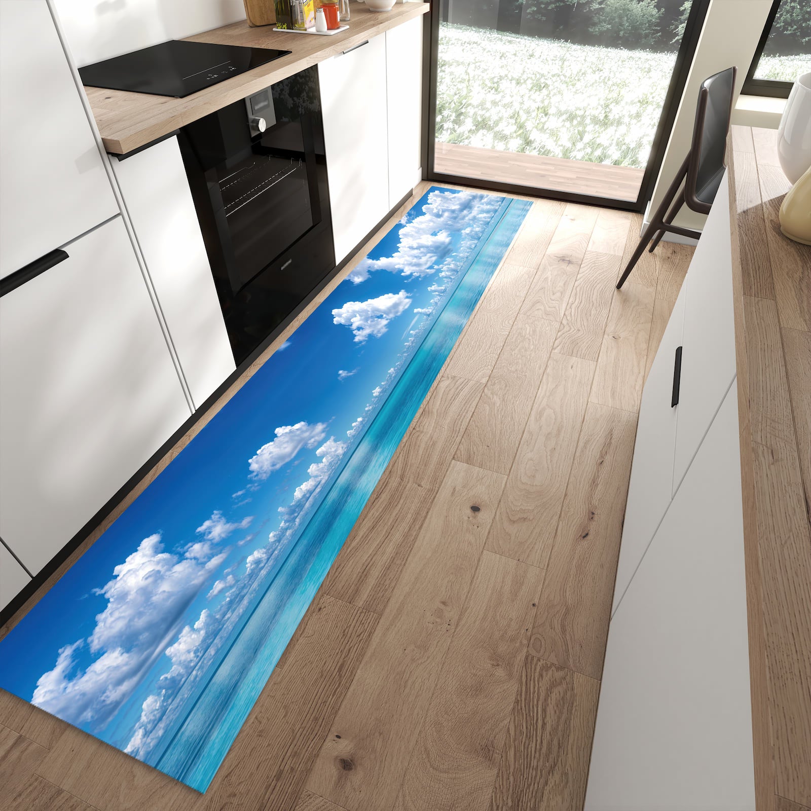 Waschbarer Küchenteppich mit Motiv Meereshorizont in moderner Küche