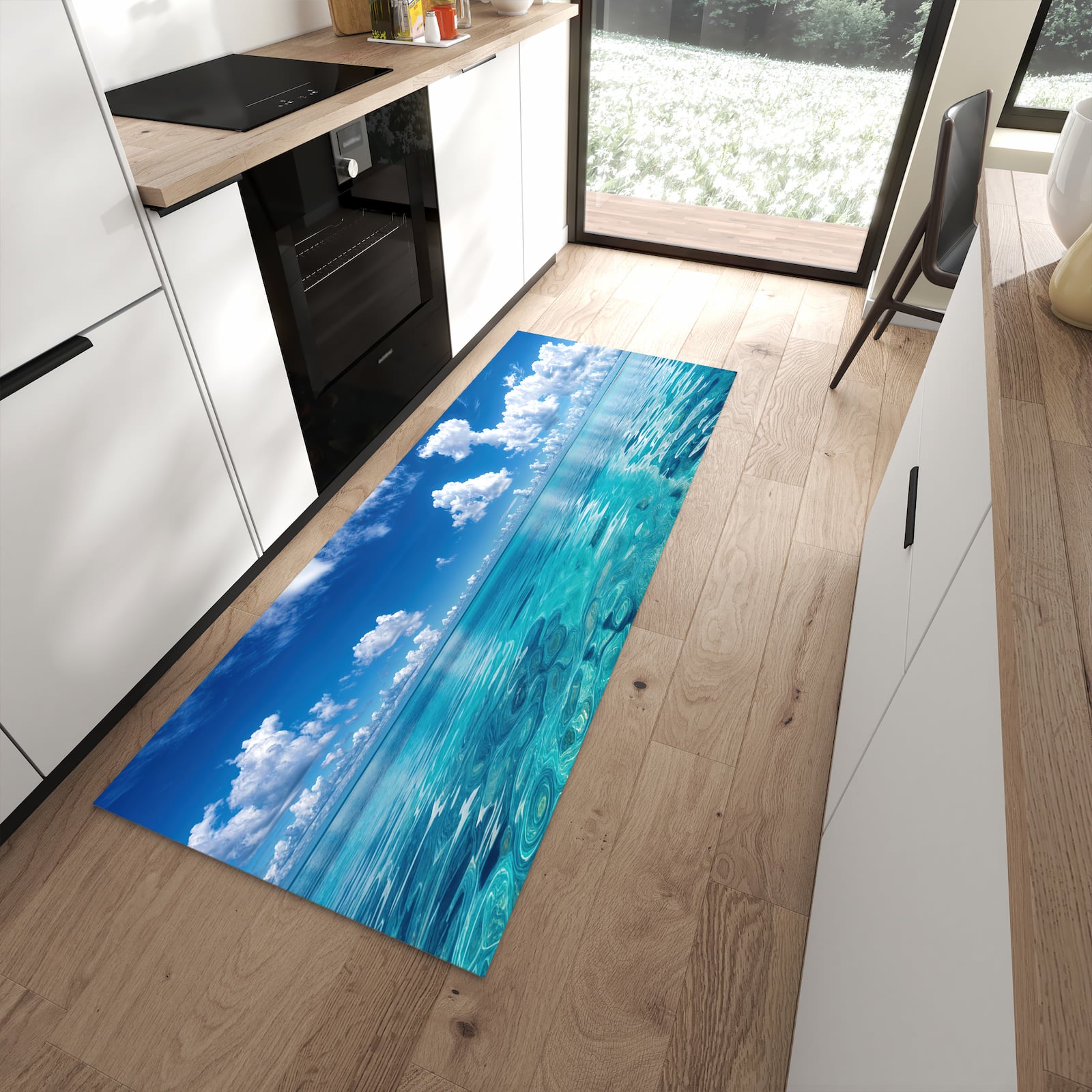 Hygienischer rutschfester Küchenteppich mit Motiv Meereshorizont in moderner Küche
