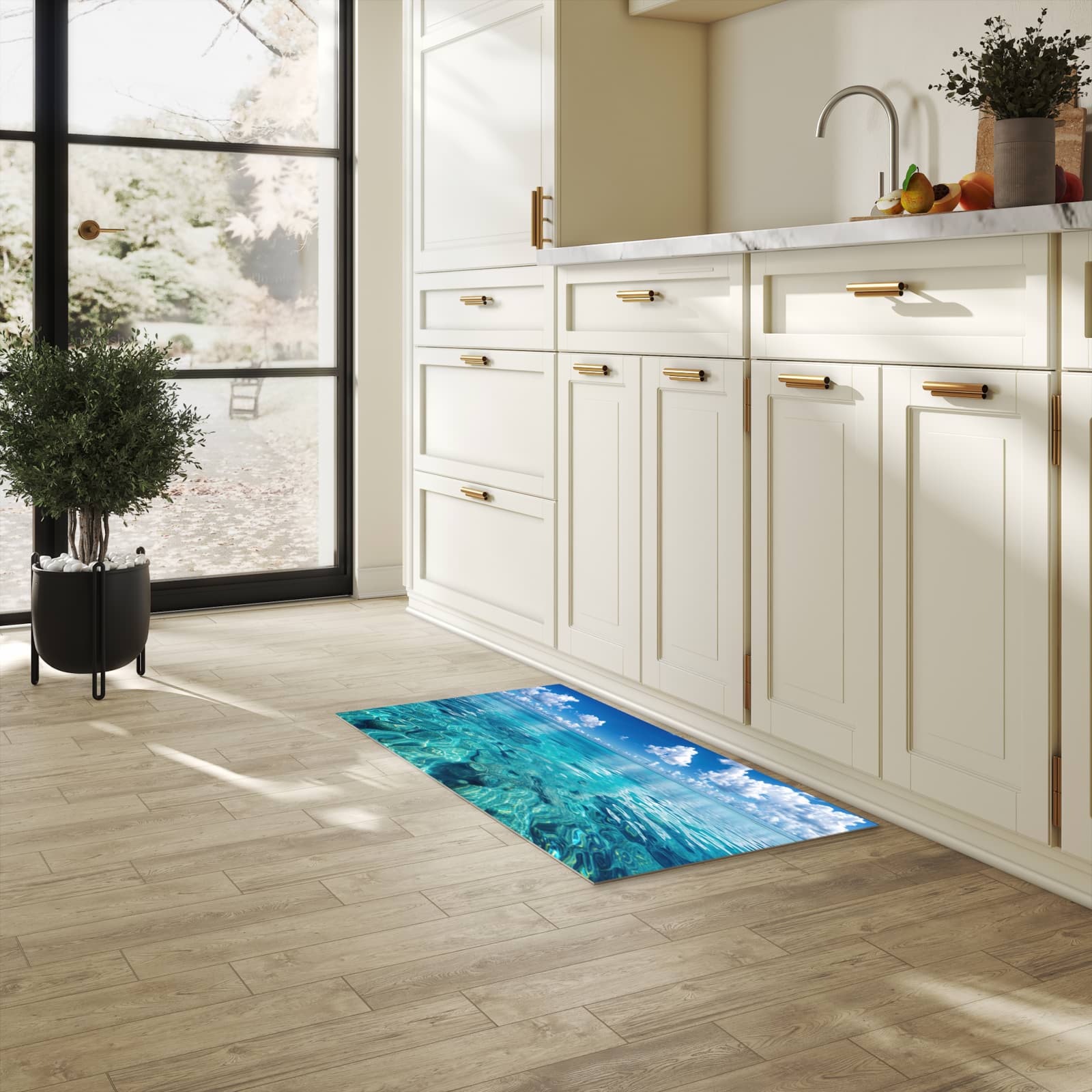 UV-beständiger Küchenläufer mit Motiv Meereshorizont in heller Küche