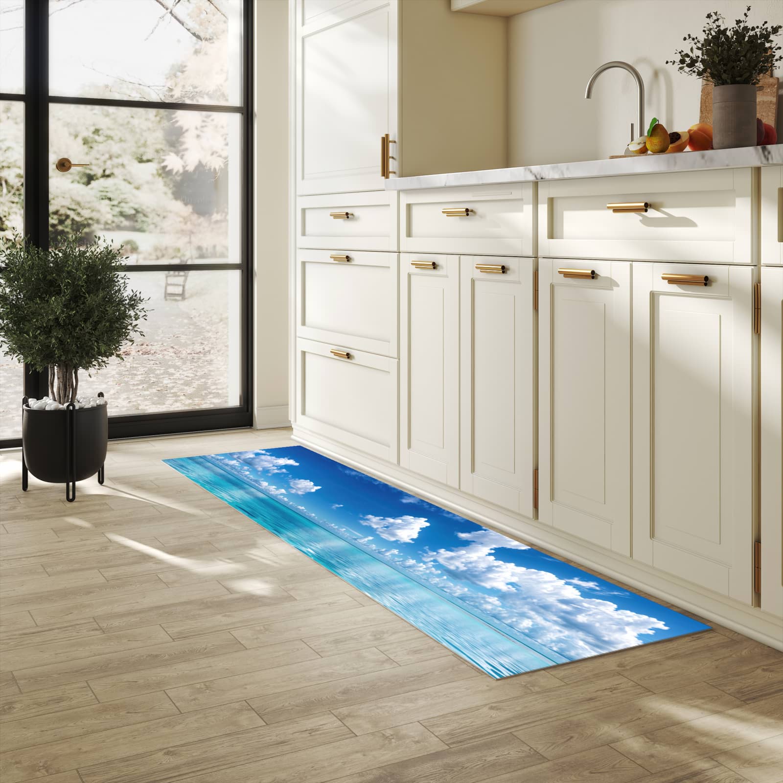 Fleckenresistenter rutschfester Küchenläufer mit Motiv Meereshorizont in heller Küche