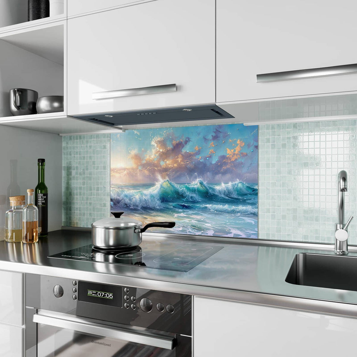 Küchenrückwand aus Glas Schäumende Wellen im Hochformat als Spritzschutz hinter dem Kochfeld, über dem Fliesenspiegel montiert