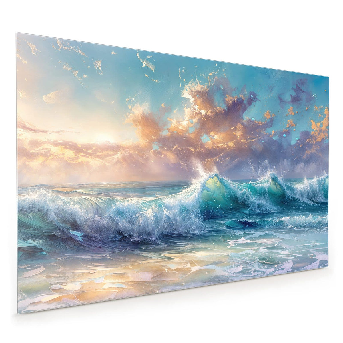 Küchenrückwand aus Glas im Hochformat mit Motiv Schäumende Wellen: Gemalte türkisblaue Brandungswellen mit weißer Gischt unter goldbeleuchteten Wolken