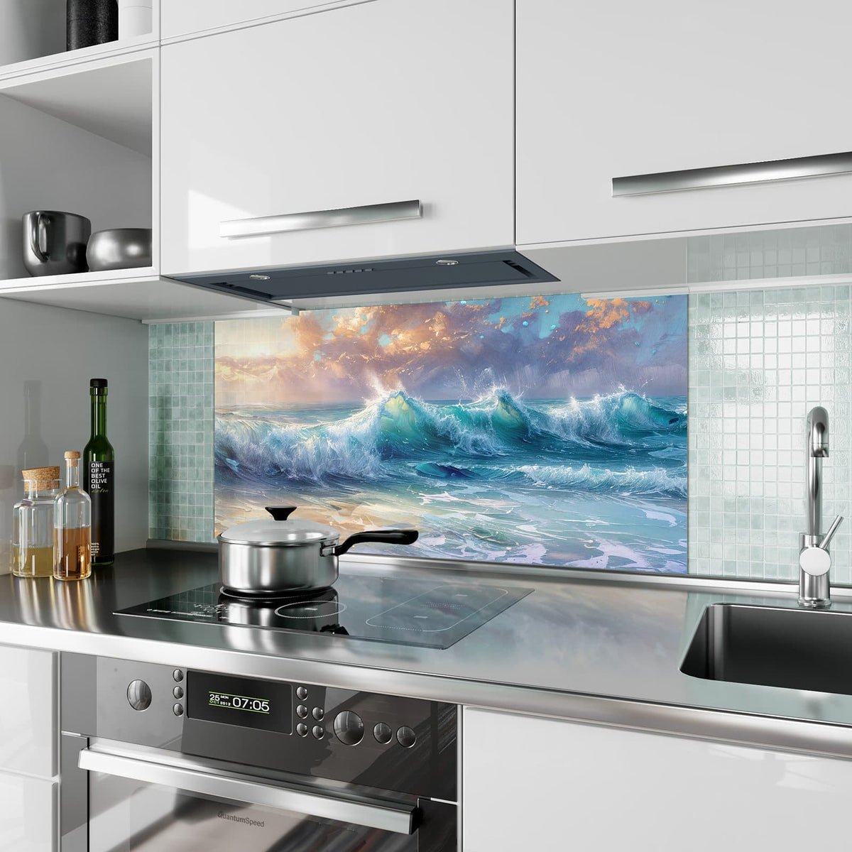 Küchenrückwand aus Glas Schäumende Wellen im Hochformat als Spritzschutz hinter dem Kochfeld, über dem Fliesenspiegel montiert