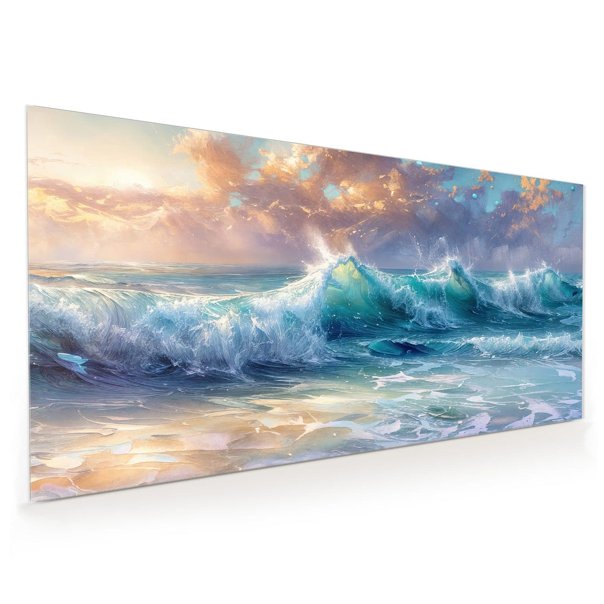 Küchenrückwand aus Glas im Hochformat mit Motiv Schäumende Wellen: Gemalte türkisblaue Brandungswellen mit weißer Gischt unter goldbeleuchteten Wolken
