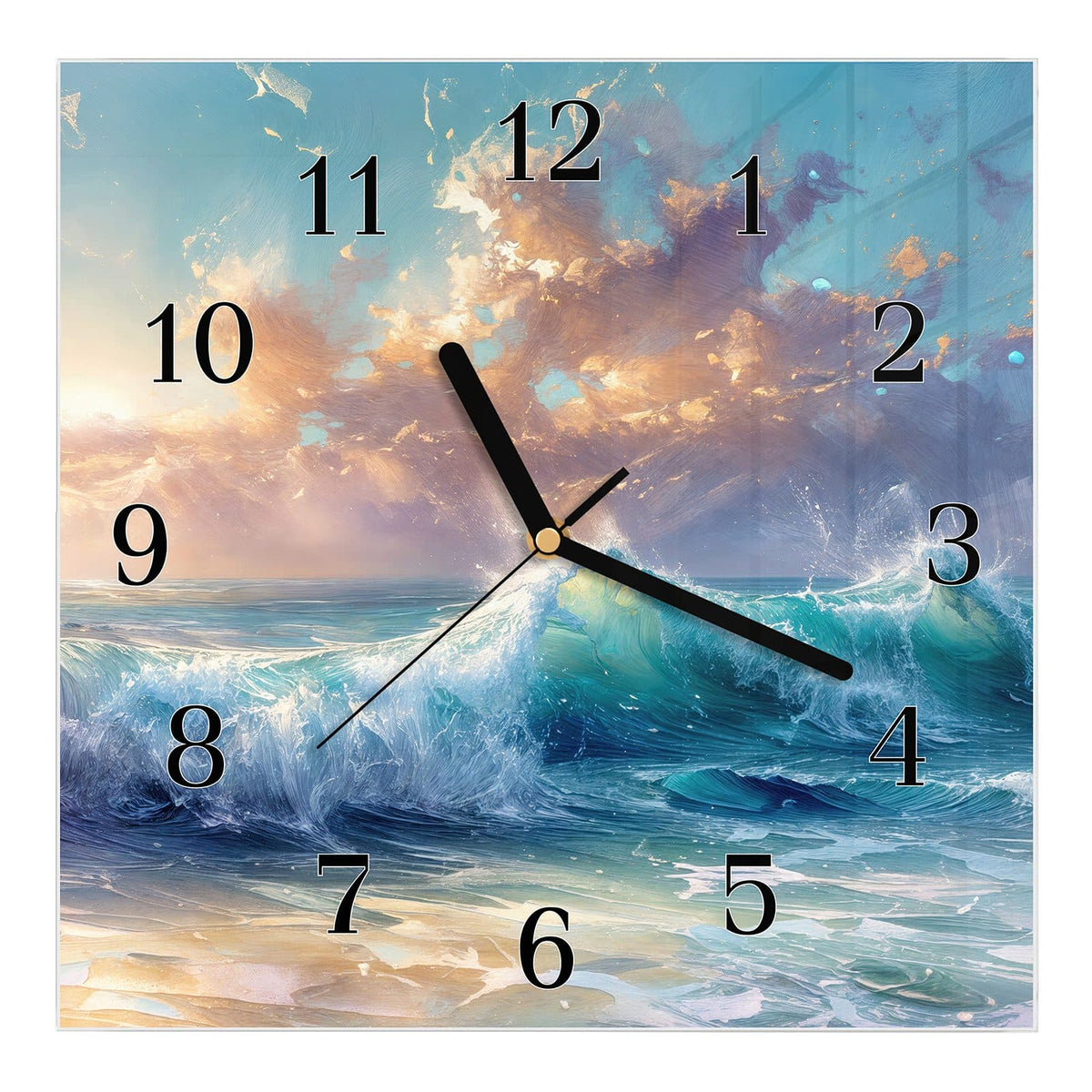 Wanduhr aus Glas, Ziffernblatt Klassisch mit Motiv Schäumende Wellen: Gemalte türkisblaue Brandungswellen mit weißer Gischt unter goldbeleuchteten Wolken