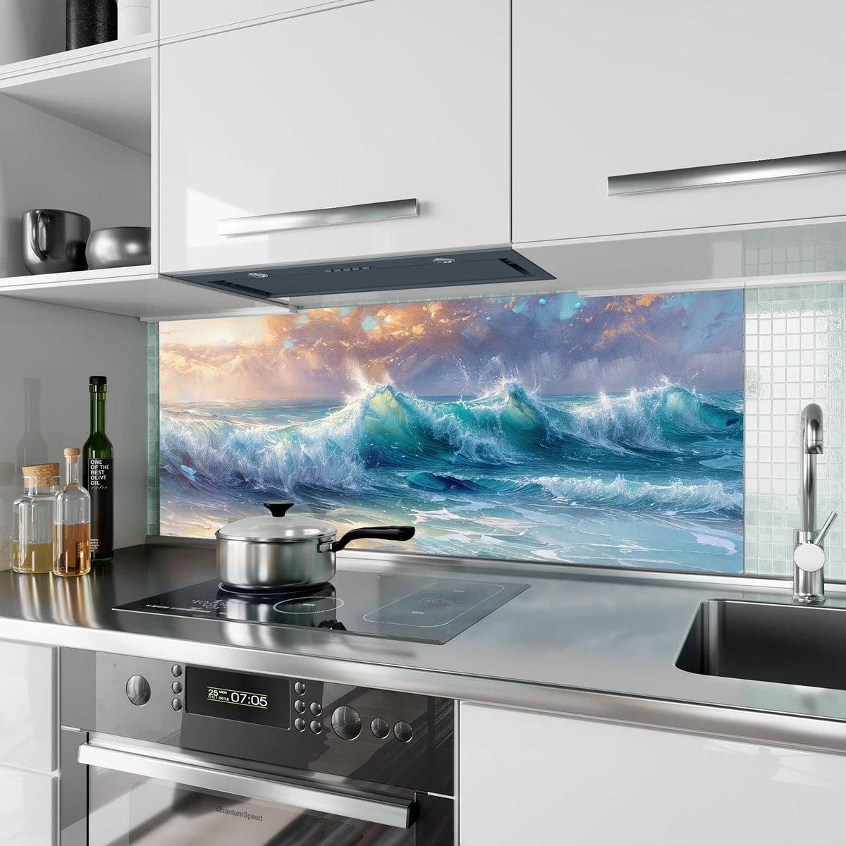 Küchenrückwand aus Glas Schäumende Wellen im Hochformat als Spritzschutz hinter dem Kochfeld, über dem Fliesenspiegel montiert