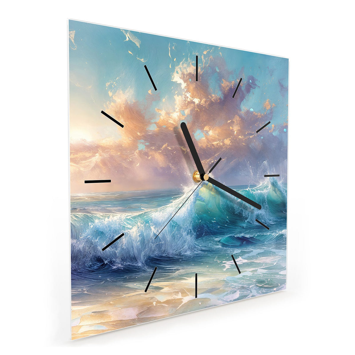 Quadratische Wanduhr aus Glas Schäumende Wellen schräg von der Seite, 4 mm starkes Glas
