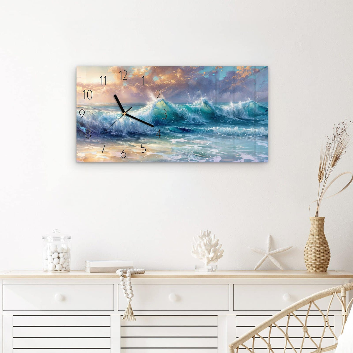 Wanduhr Ozeanwellen Sonnenaufgang aus Glas – Querformat 60 × 30 cm – Schäumende Wellen in Türkis