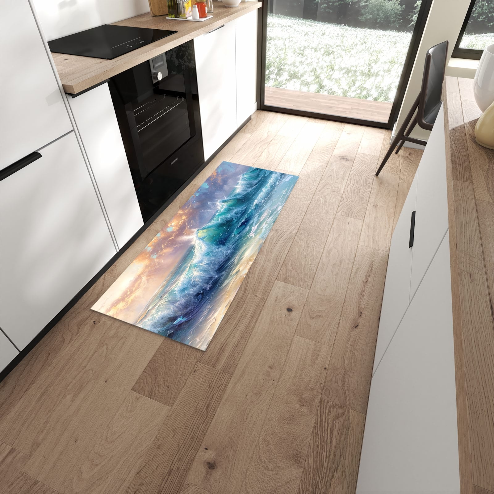 Ordnungsschaffender Küchenläufer mit Motiv Ozeanwellen Sonnenaufgang in moderner Küche #grösse_60 x 150 cm