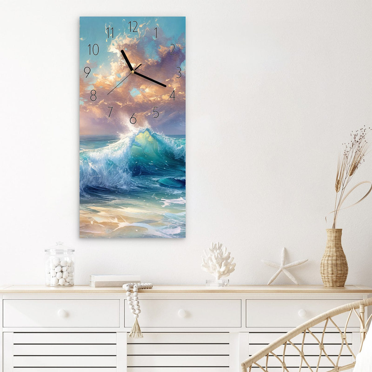 Wanduhr Ozeanwellen Sonnenaufgang aus Glas – Hochformat 30 × 60 cm – Schäumende Wellen in Türkis