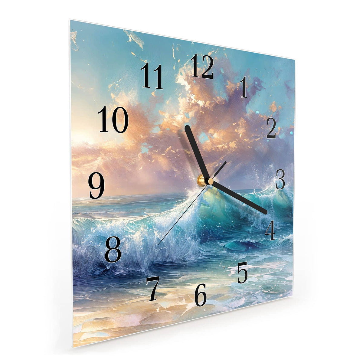 Quadratische Wanduhr aus Glas Schäumende Wellen schräg von der Seite, 4 mm starkes Glas
