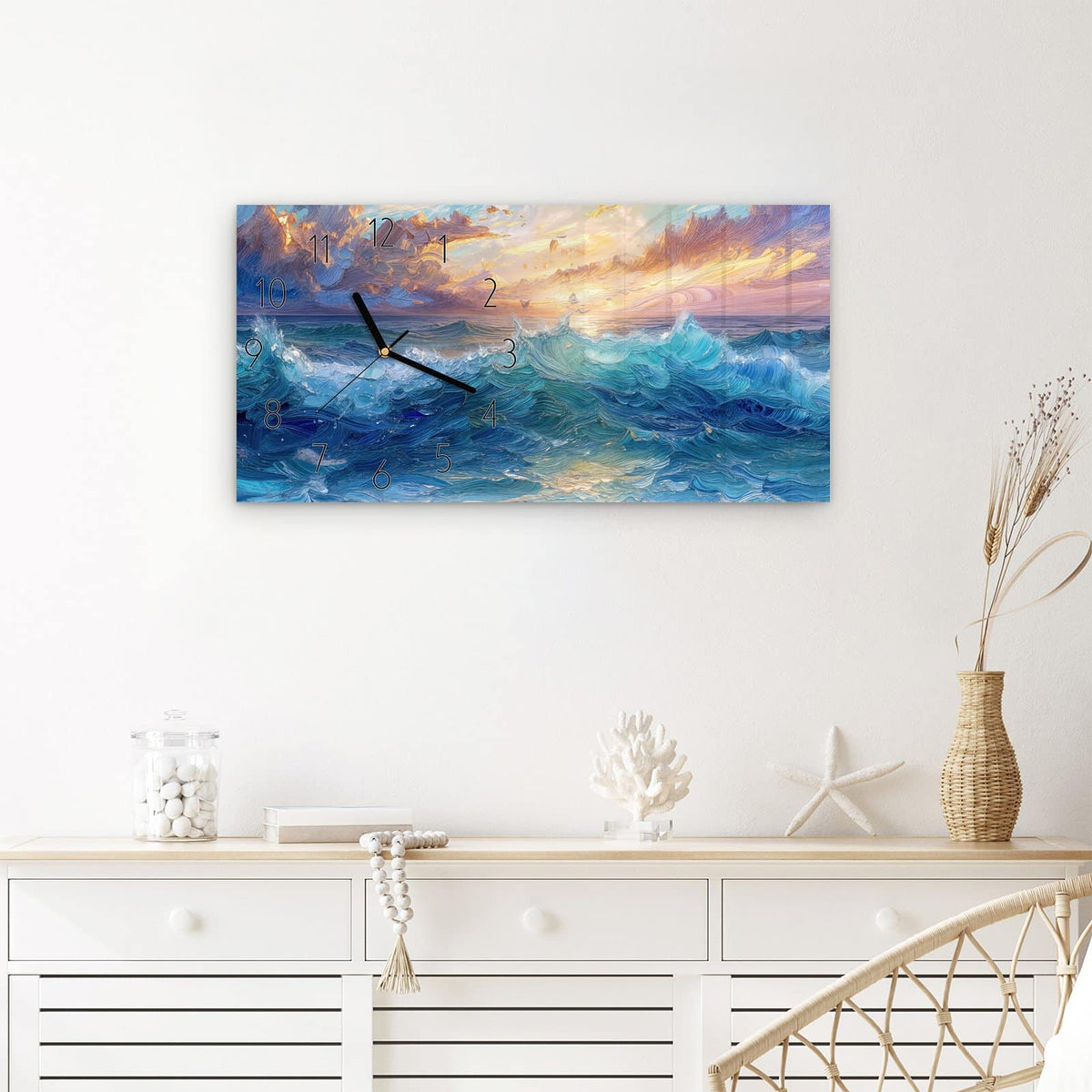 Wanduhr Wellen und Himmel aus Glas – Querformat 60 × 30 cm – Aufgewühltes Meer in der Dämmerung