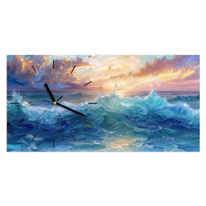 Wanduhr Wellen und Himmel aus Glas – Querformat 60 × 30 cm mit Ziffernblatt Linie