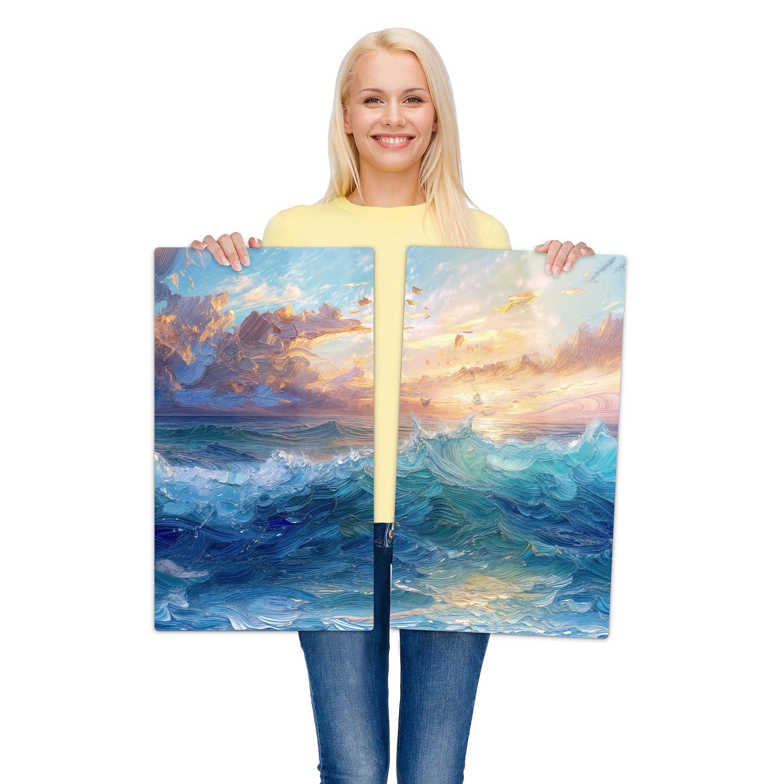 2-teilige Herdabdeckplatte mit Wellen und Himmel-Motiv wird zur Größendarstellung gehalten