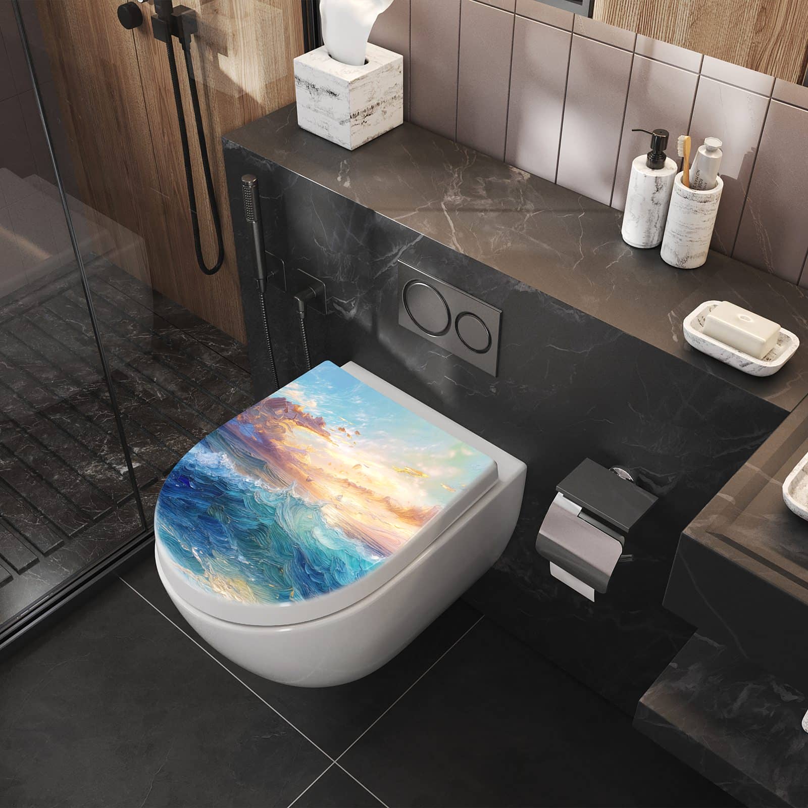 WC-Sitz mit Absenkautomatik Wellen und Himmel