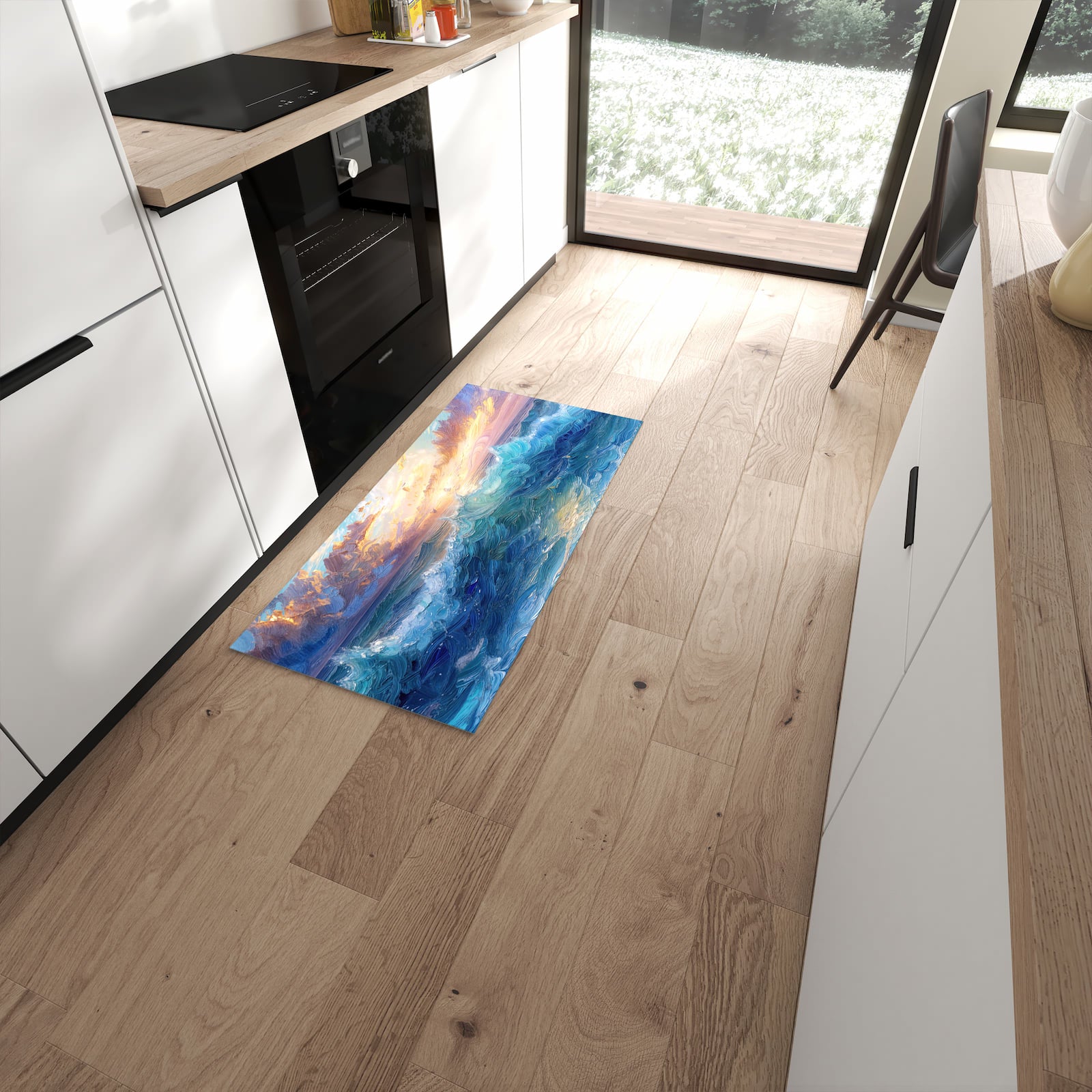 Langlebiger Küchenteppich mit Motiv Wellen und Himmel in moderner Küche #grösse_60 x 120 cm