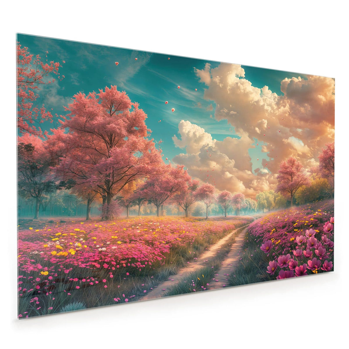 Küchenrückwand aus Glas im Hochformat mit Motiv Pfad durch Blütenfeld: Erdweg durch eine rosa Blumenwiese, links und rechts blühende Bäume unter Wolkenhimmel