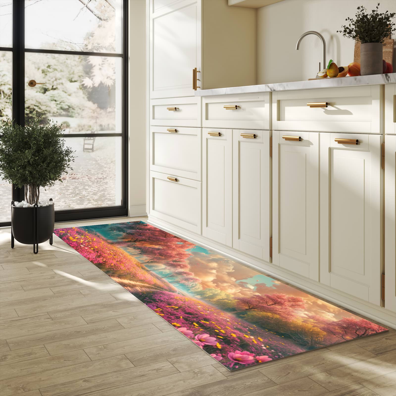 Geräuschdämpfender Küchenvorleger mit Motiv Blühender Weg in heller Küche