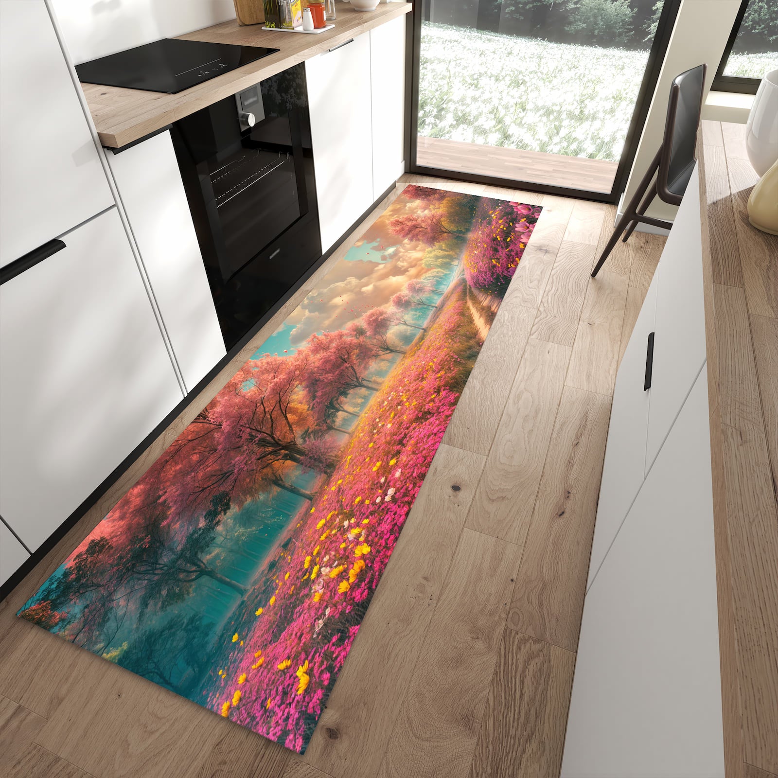 Wasserabweisender Küchenteppich mit Motiv Blühender Weg in moderner Küche