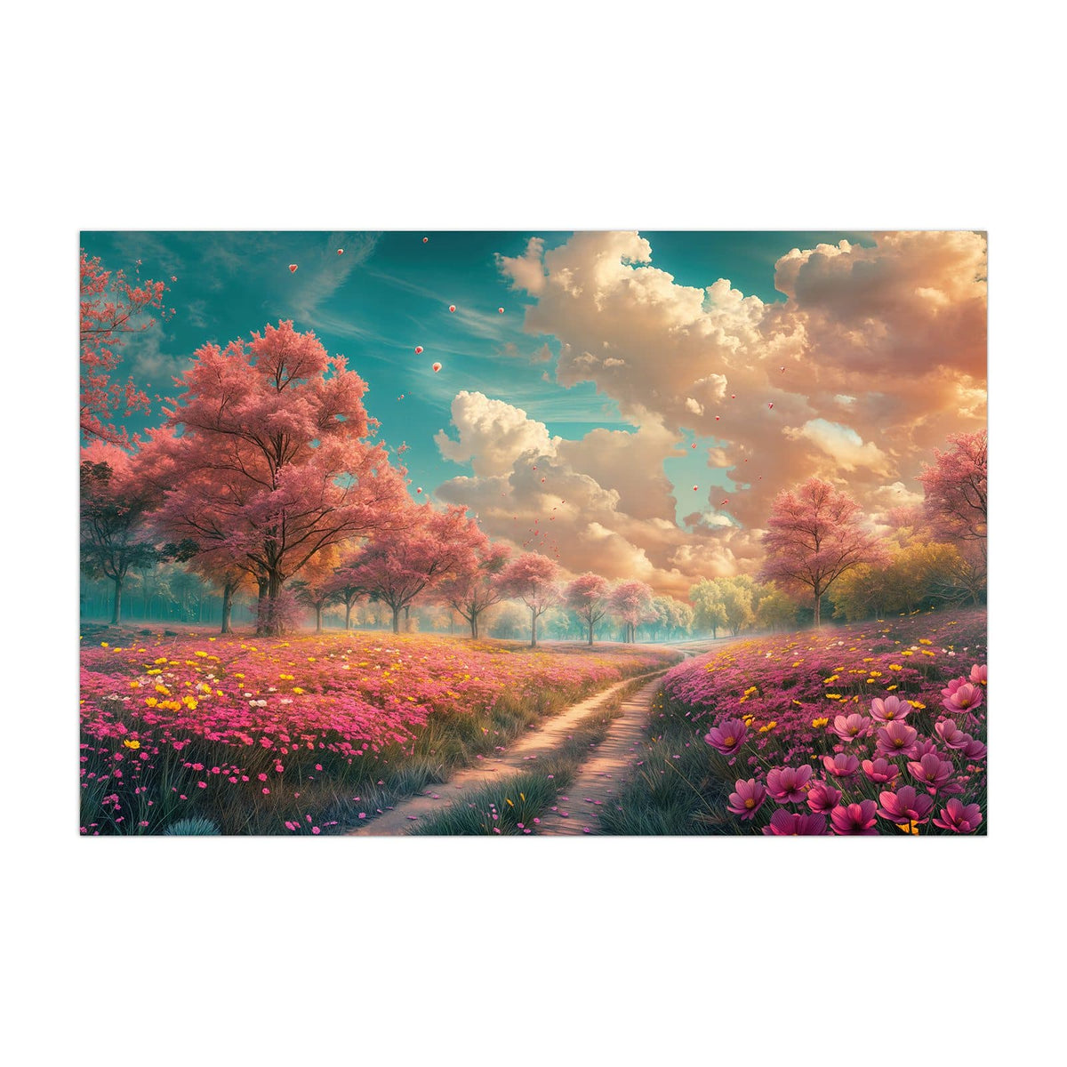 Küchenrückwand aus Glas Pfad durch Blütenfeld im Hochformat, Motiv bildfüllend von vorn