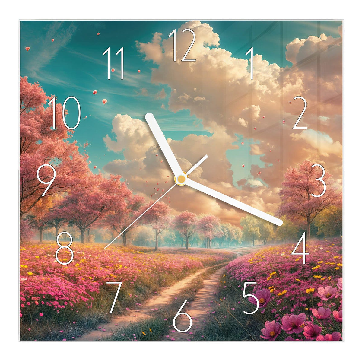 Wanduhr aus Glas, Ziffernblatt Elegant mit Motiv Pfad durch Blütenfeld: Erdweg durch eine rosa Blumenwiese, links und rechts blühende Bäume unter Wolkenhimmel #ziffernblatt_Elegant