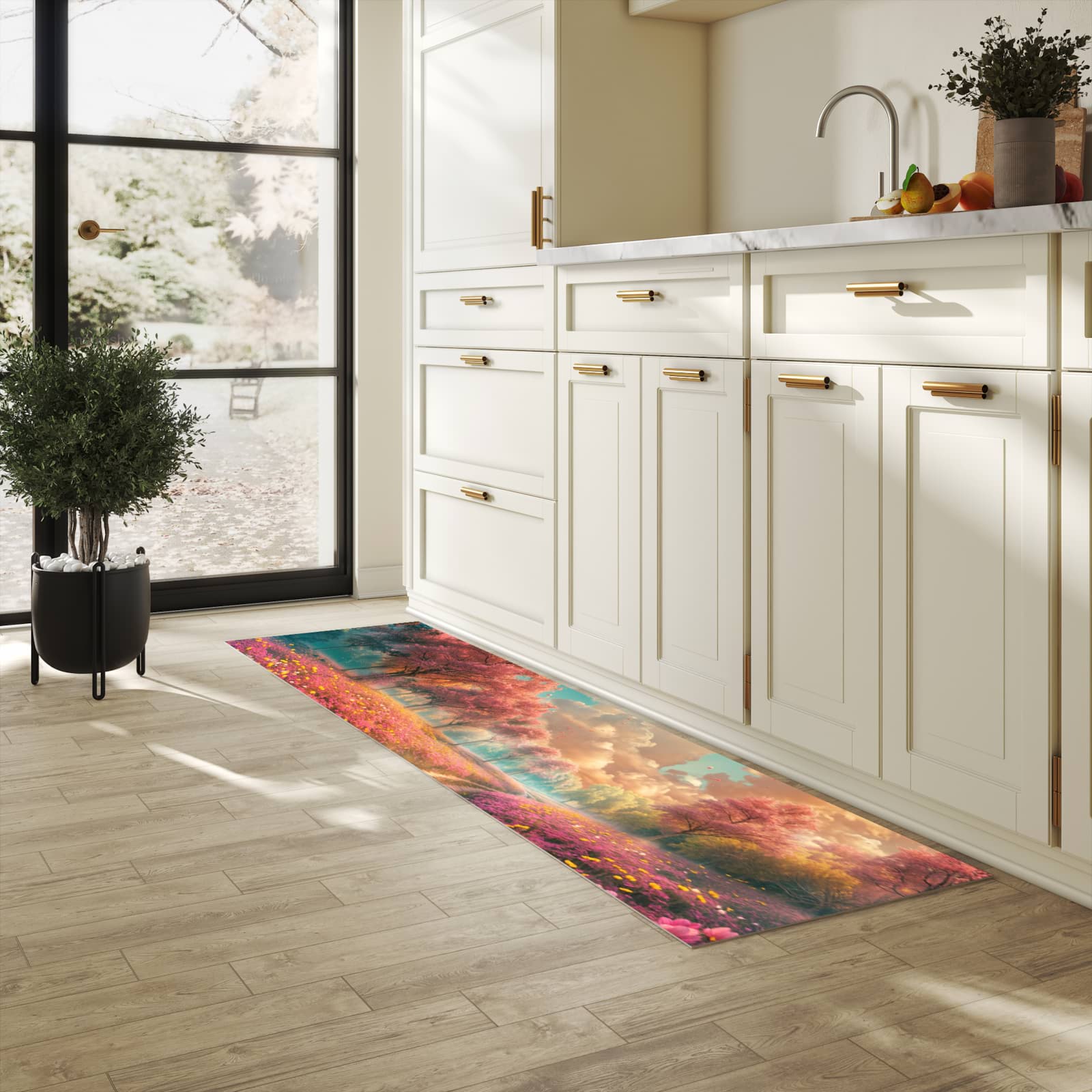 Küchenteppich mit Motiv Blühender Weg für Ordnung & Übersicht in heller Küche