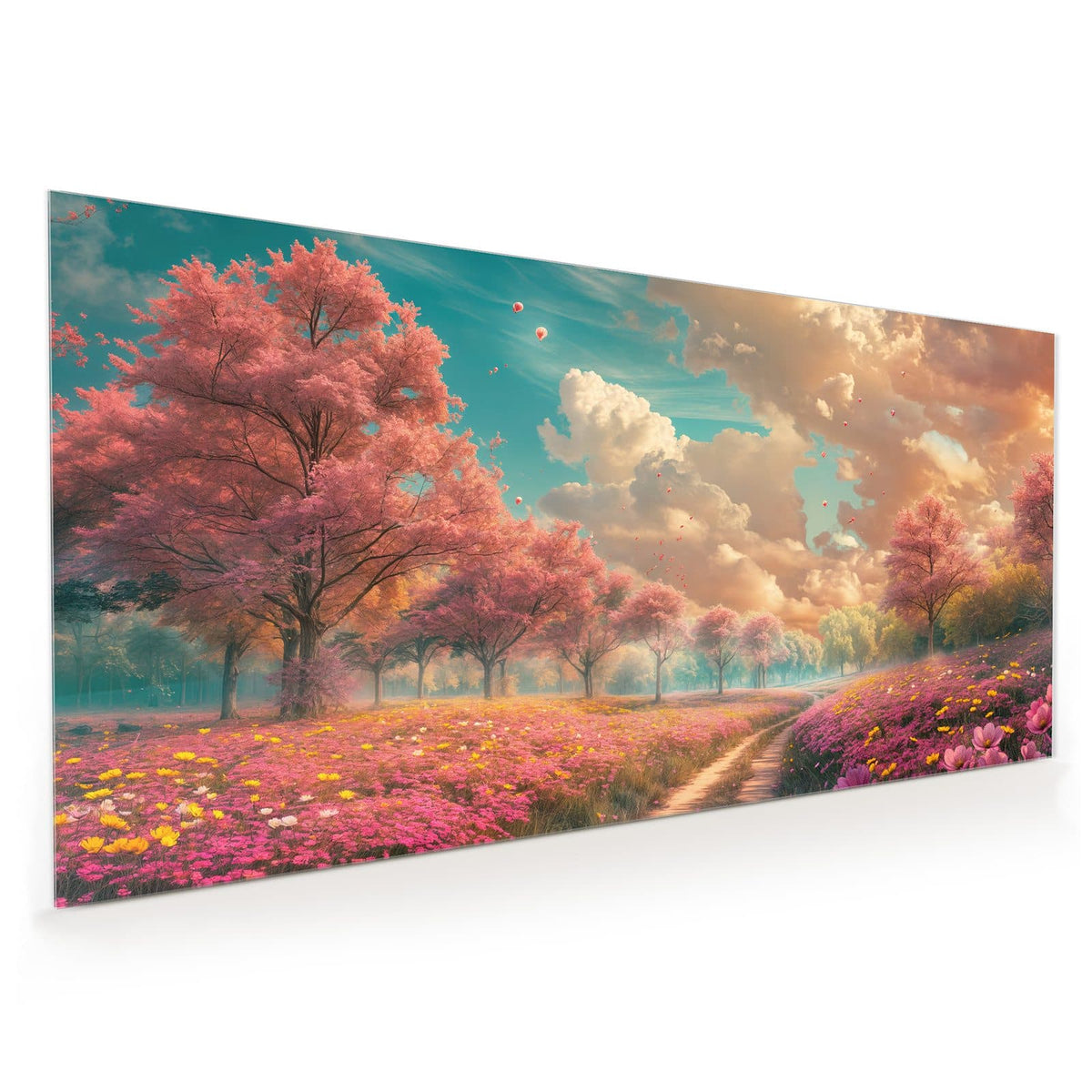 Küchenrückwand aus Glas im Hochformat mit Motiv Pfad durch Blütenfeld: Erdweg durch eine rosa Blumenwiese, links und rechts blühende Bäume unter Wolkenhimmel