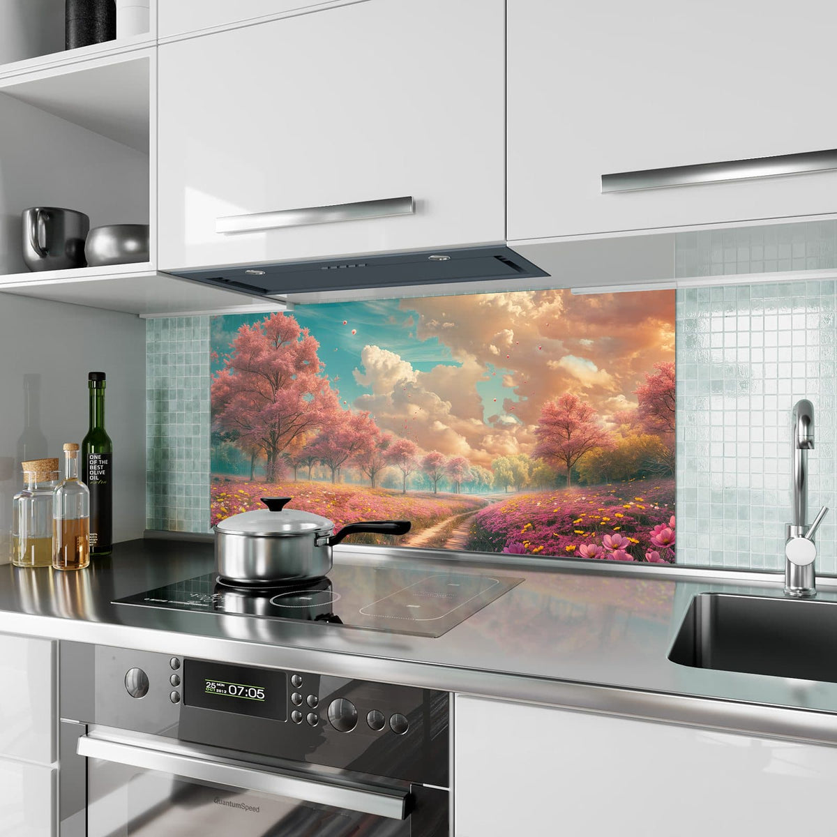 Küchenrückwand aus Glas Pfad durch Blütenfeld im Hochformat als Spritzschutz hinter dem Kochfeld, über dem Fliesenspiegel montiert