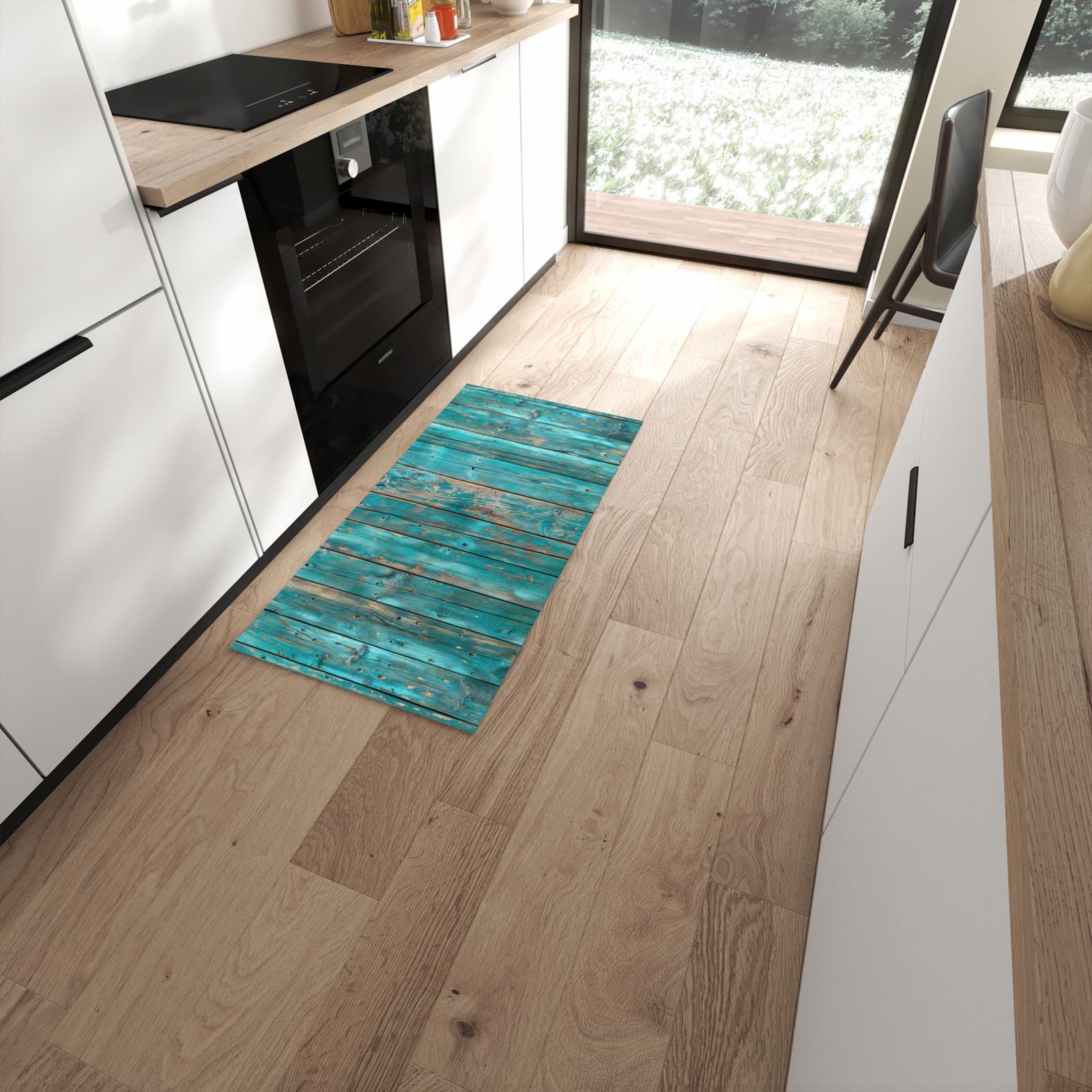 Pflegeleichter Läufer für die Küche mit Motiv Vintage Holz Bretter in moderner Küche #grösse_60 x 120 cm
