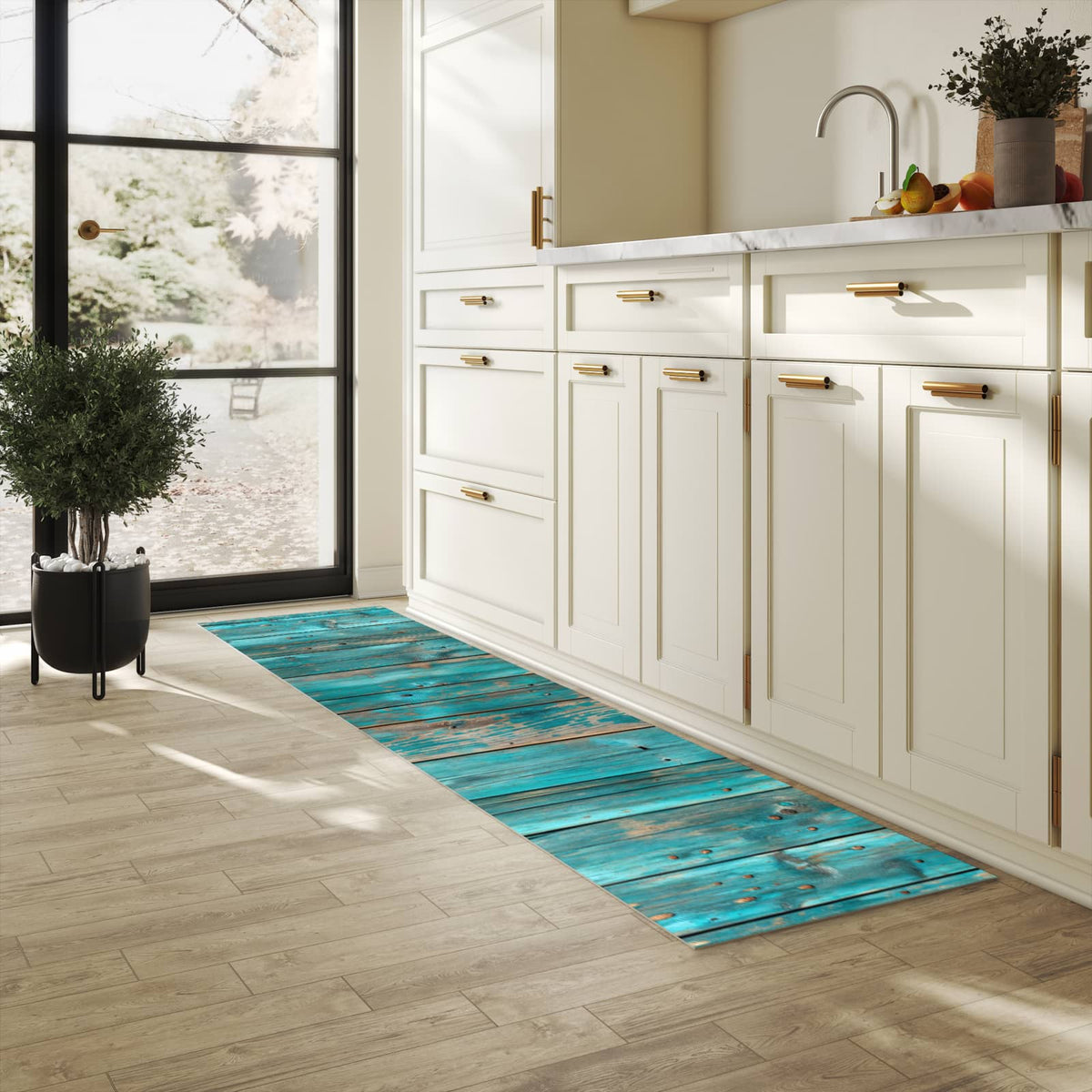 Pflegeleichter moderner Küchenläufer mit Motiv Vintage Holz Bretter in heller Küche